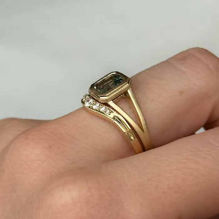 Anueva Jewelry Rings 120ct Radiant Cut Seafoam Montana Sapphire Split Shank Bezel Ring with Milgrain in 14k Yellow Gold