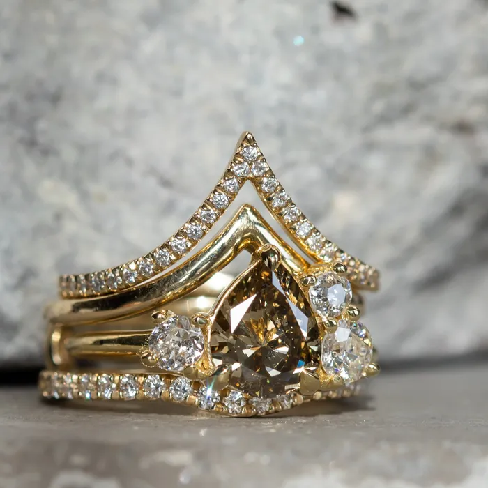 Anueva Jewelry Rings 147ct Pear Champagne Diamond Low Profile Antique Diamond Cluster Ring in 18K Yellow Gold