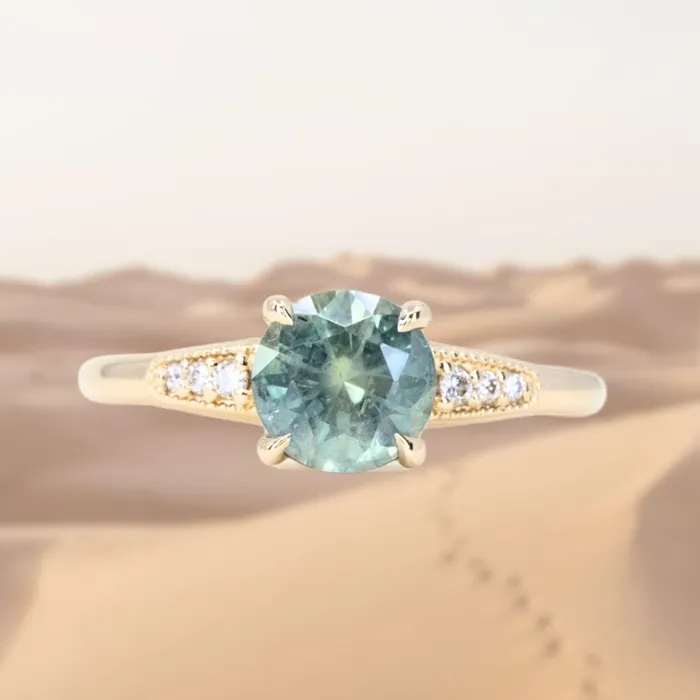 Anueva Jewelry Rings 156ct Light Blue Green Montana Sapphire Four Prong Low Profile Milgrain and Diamond Ring in 14k Yellow Gold