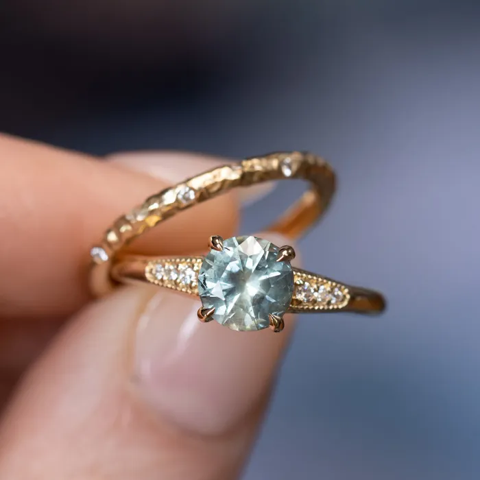 Anueva Jewelry Rings 156ct Light Blue Green Montana Sapphire Four Prong Low Profile Milgrain and Diamond Ring in 14k Yellow Gold