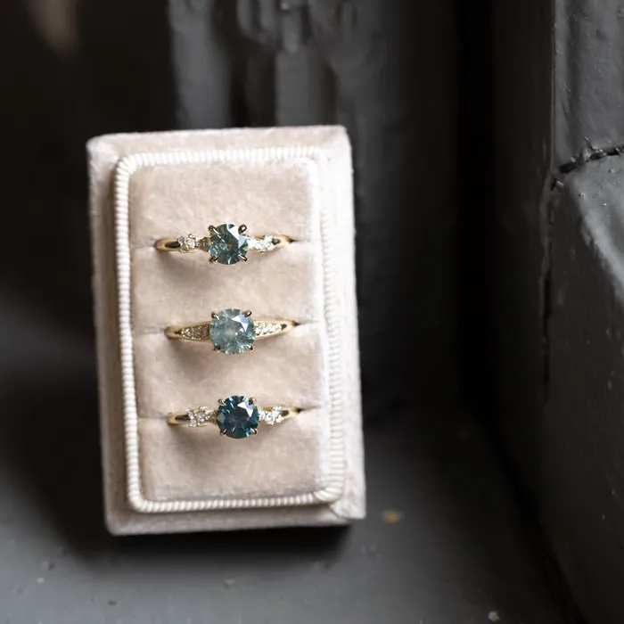 Anueva Jewelry Rings 156ct Light Blue Green Montana Sapphire Four Prong Low Profile Milgrain and Diamond Ring in 14k Yellow Gold
