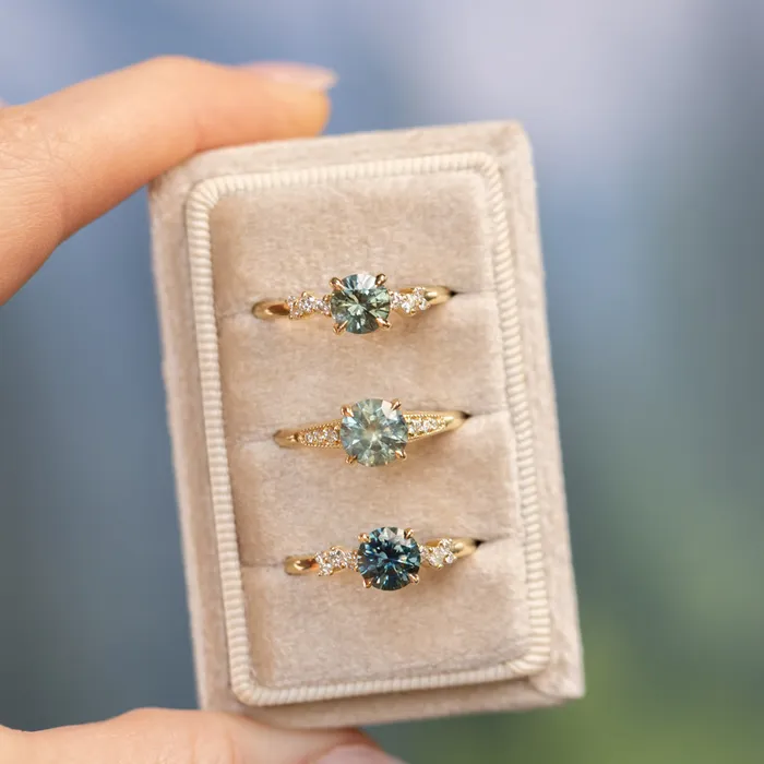 Anueva Jewelry Rings 156ct Light Blue Green Montana Sapphire Four Prong Low Profile Milgrain and Diamond Ring in 14k Yellow Gold