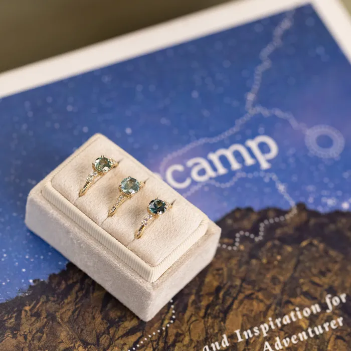 Anueva Jewelry Rings 156ct Light Blue Green Montana Sapphire Four Prong Low Profile Milgrain and Diamond Ring in 14k Yellow Gold