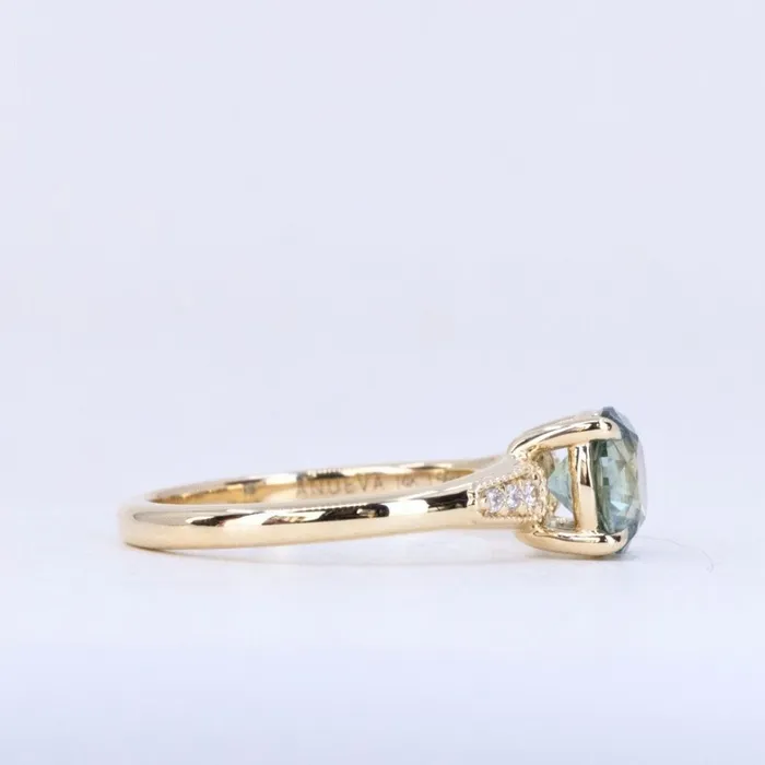 Anueva Jewelry Rings 156ct Light Blue Green Montana Sapphire Four Prong Low Profile Milgrain and Diamond Ring in 14k Yellow Gold