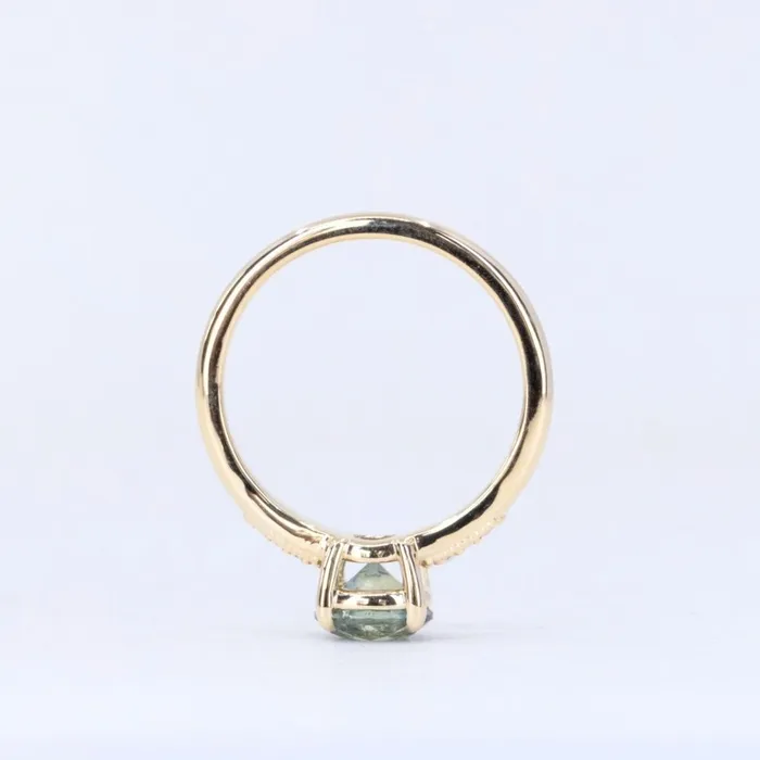 Anueva Jewelry Rings 156ct Light Blue Green Montana Sapphire Four Prong Low Profile Milgrain and Diamond Ring in 14k Yellow Gold