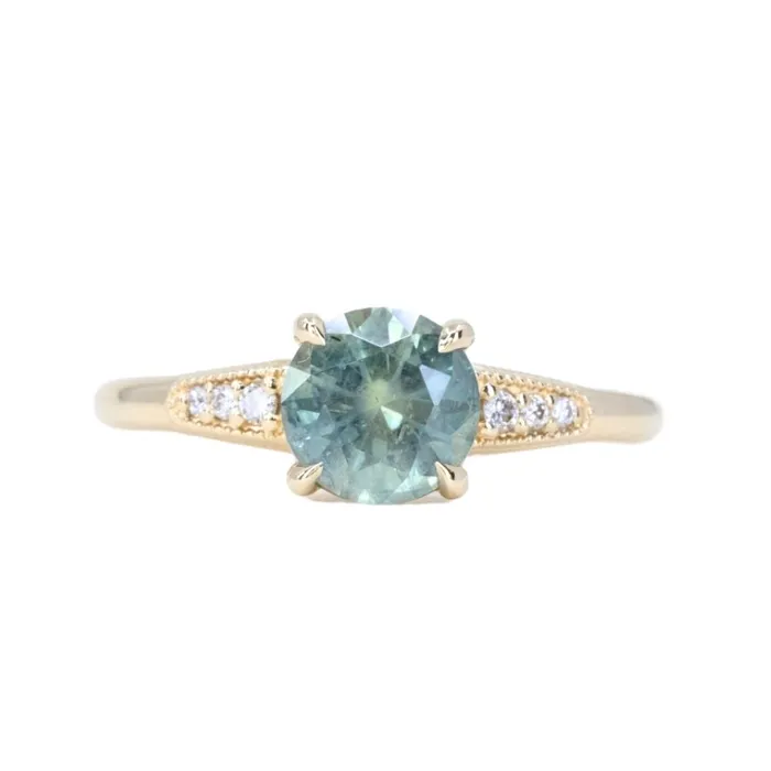 Anueva Jewelry Rings 156ct Light Blue Green Montana Sapphire Four Prong Low Profile Milgrain and Diamond Ring in 14k Yellow Gold