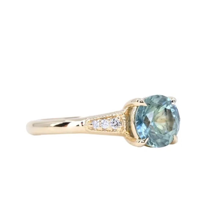 Anueva Jewelry Rings 156ct Light Blue Green Montana Sapphire Four Prong Low Profile Milgrain and Diamond Ring in 14k Yellow Gold