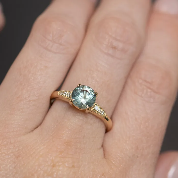 Anueva Jewelry Rings 156ct Light Blue Green Montana Sapphire Four Prong Low Profile Milgrain and Diamond Ring in 14k Yellow Gold