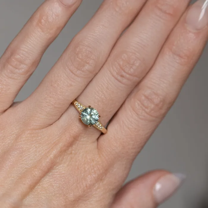 Anueva Jewelry Rings 156ct Light Blue Green Montana Sapphire Four Prong Low Profile Milgrain and Diamond Ring in 14k Yellow Gold