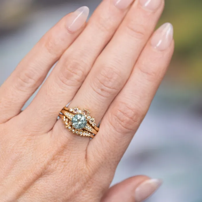 Anueva Jewelry Rings 156ct Light Blue Green Montana Sapphire Four Prong Low Profile Milgrain and Diamond Ring in 14k Yellow Gold