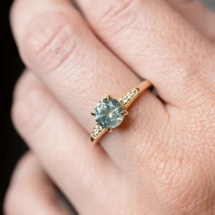 Anueva Jewelry Rings 156ct Light Blue Green Montana Sapphire Four Prong Low Profile Milgrain and Diamond Ring in 14k Yellow Gold