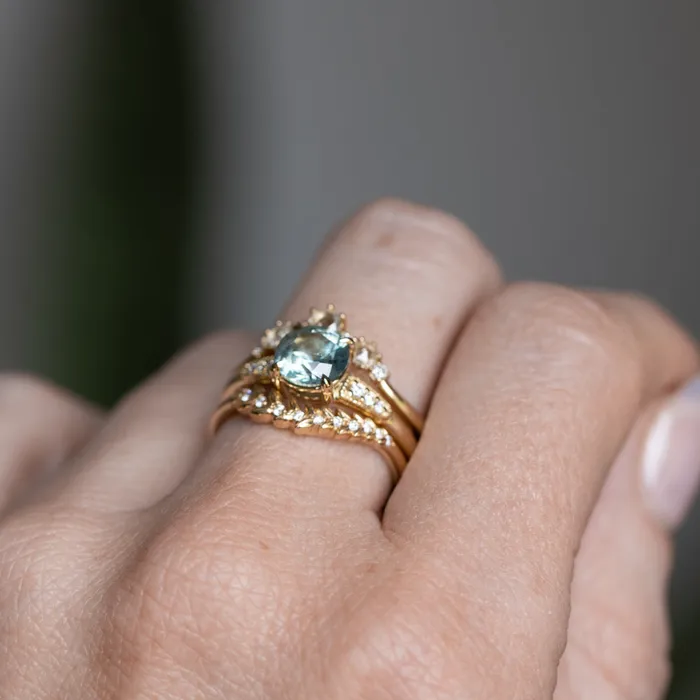 Anueva Jewelry Rings 156ct Light Blue Green Montana Sapphire Four Prong Low Profile Milgrain and Diamond Ring in 14k Yellow Gold
