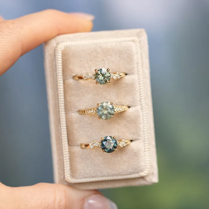 Anueva Jewelry Rings 156ct Light Blue Green Montana Sapphire Four Prong Low Profile Milgrain and Diamond Ring in 14k Yellow Gold
