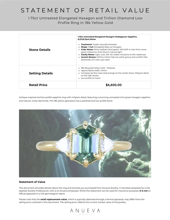 Anueva Jewelry Rings 175ct Untreated Elongated Hexagon and Trillion Diamond Low Profile Ring in 18k Yellow Gold