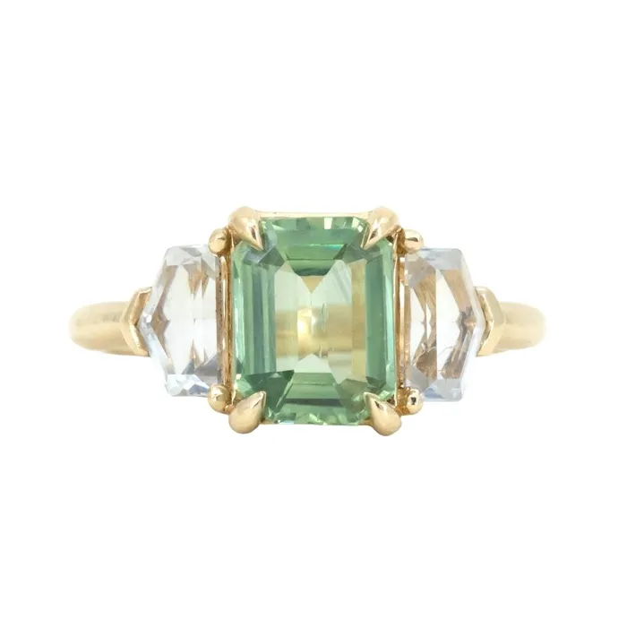 Anueva Jewelry Rings 190ct Seafoam Emerald Cut Montana Sapphire and White Sapphire Three Stone Ring in 14k Yellow Gold Anueva Jewelry Rings 190ct Seafoam Emerald Cut Montana Sapphire and White Sapphire Three Stone Ring in 14k Yellow Gold