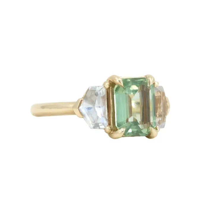 Anueva Jewelry Rings 190ct Seafoam Emerald Cut Montana Sapphire and White Sapphire Three Stone Ring in 14k Yellow Gold