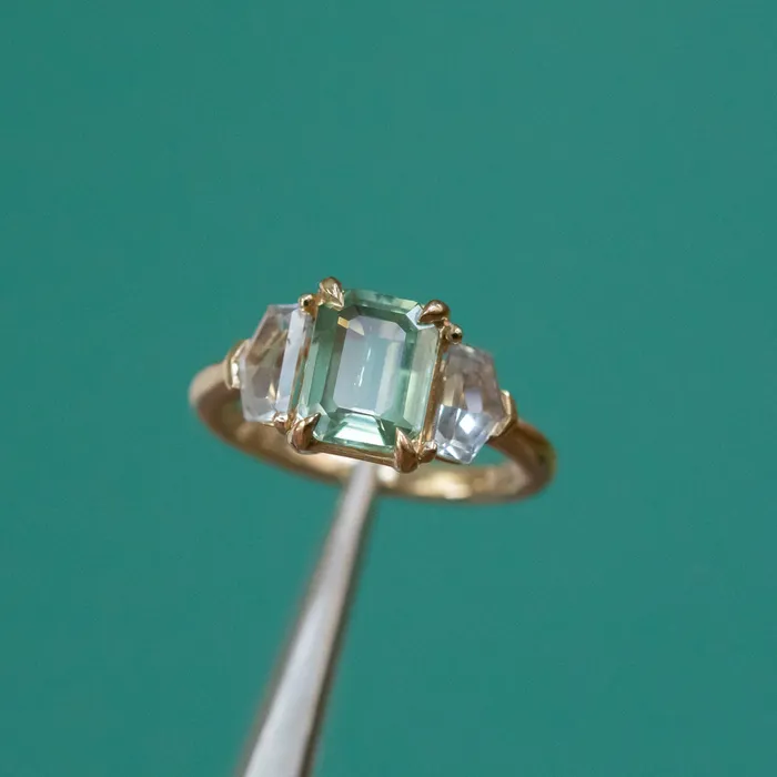 Anueva Jewelry Rings 190ct Seafoam Emerald Cut Montana Sapphire and White Sapphire Three Stone Ring in 14k Yellow Gold