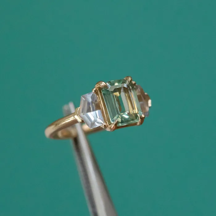 Anueva Jewelry Rings 190ct Seafoam Emerald Cut Montana Sapphire and White Sapphire Three Stone Ring in 14k Yellow Gold