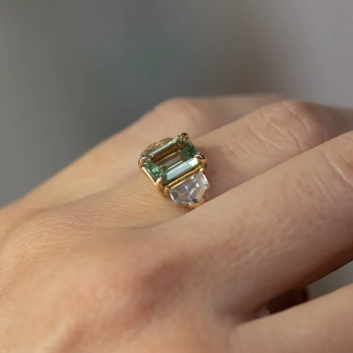 Anueva Jewelry Rings 190ct Seafoam Emerald Cut Montana Sapphire and White Sapphire Three Stone Ring in 14k Yellow Gold