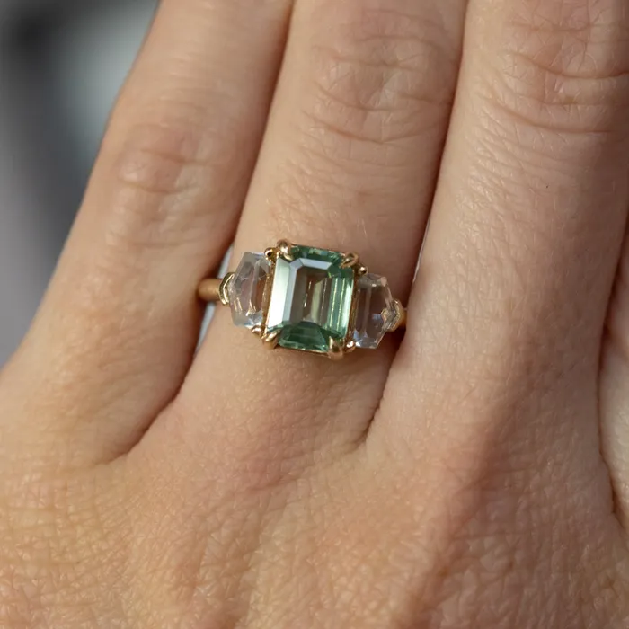 Anueva Jewelry Rings 190ct Seafoam Emerald Cut Montana Sapphire and White Sapphire Three Stone Ring in 14k Yellow Gold