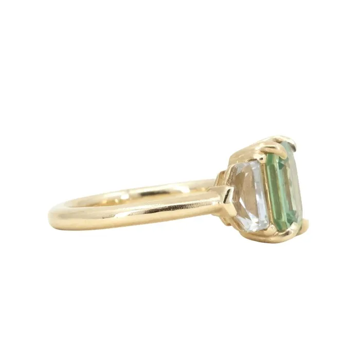 Anueva Jewelry Rings 190ct Seafoam Emerald Cut Montana Sapphire and White Sapphire Three Stone Ring in 14k Yellow Gold