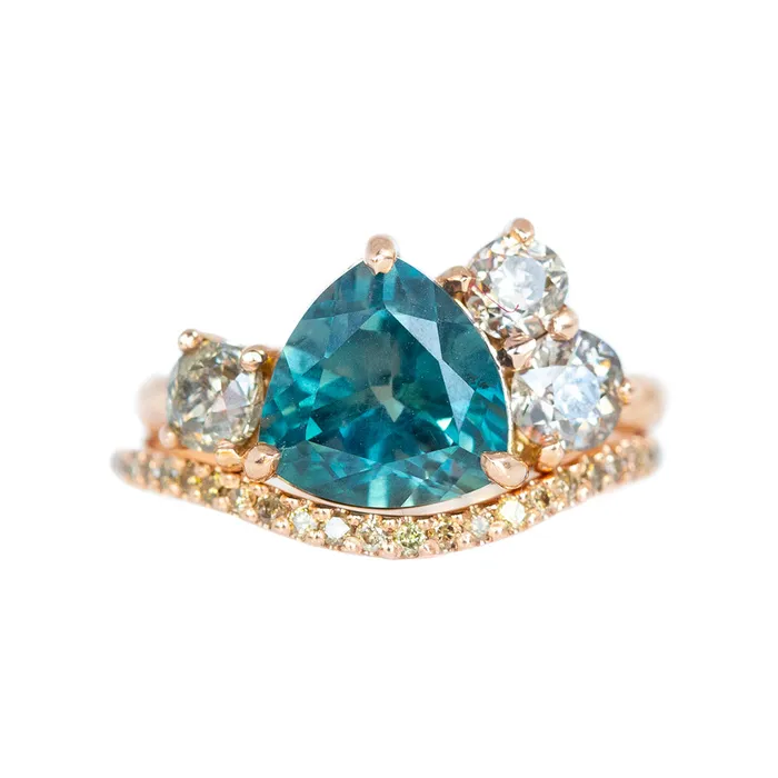Anueva Jewelry Rings 35ct Trillion Montana Sapphire Low Profile Antique Diamond Cluster Ring Set in 14K Rose Gold Anueva Jewelry Rings 35ct Trillion Montana Sapphire Low Profile Antique Diamond Cluster Ring Set in 14K Rose Gold