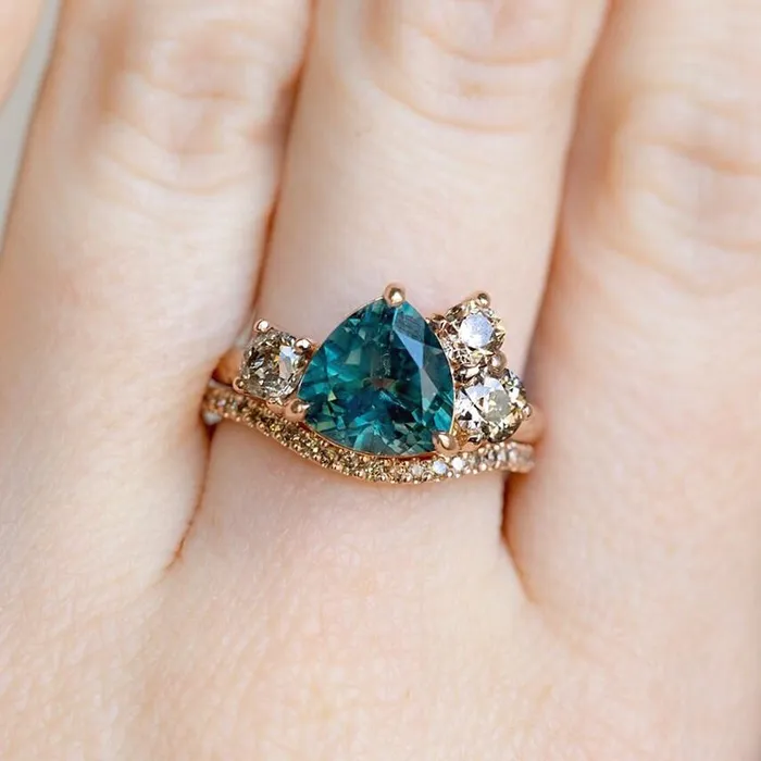 Anueva Jewelry Rings 35ct Trillion Montana Sapphire Low Profile Antique Diamond Cluster Ring Set in 14K Rose Gold