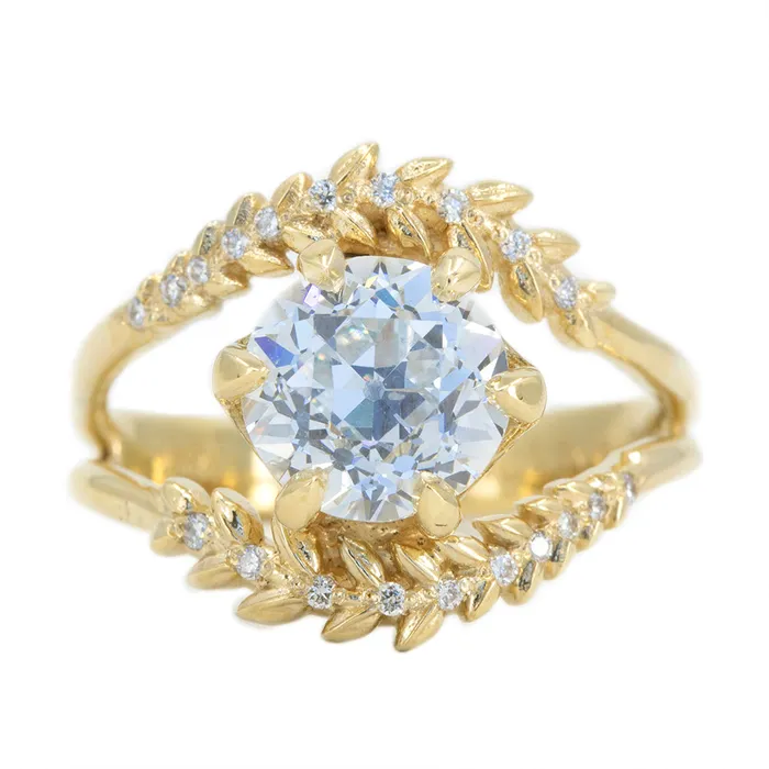 Anueva Jewelry Rings Misfit Diamonds Collaboration 218ct GIA Antique Old European Cut Diamond with Split Shank Diamond Vine Band in 18k Yellow Gold Anueva Jewelry Rings Misfit Diamonds Collaboration 218ct GIA Antique Old European Cut Diamond with Split Shank Diamond Vine Band in 18k Yellow Gold