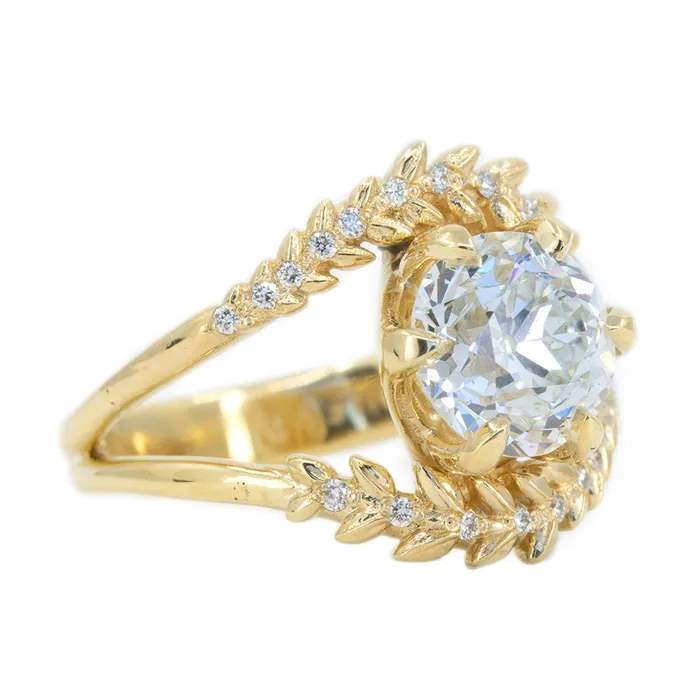 Anueva Jewelry Rings Misfit Diamonds Collaboration 218ct GIA Antique Old European Cut Diamond with Split Shank Diamond Vine Band in 18k Yellow Gold