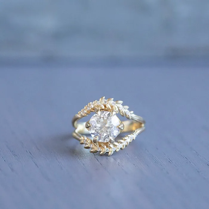 Anueva Jewelry Rings Misfit Diamonds Collaboration 218ct GIA Antique Old European Cut Diamond with Split Shank Diamond Vine Band in 18k Yellow Gold