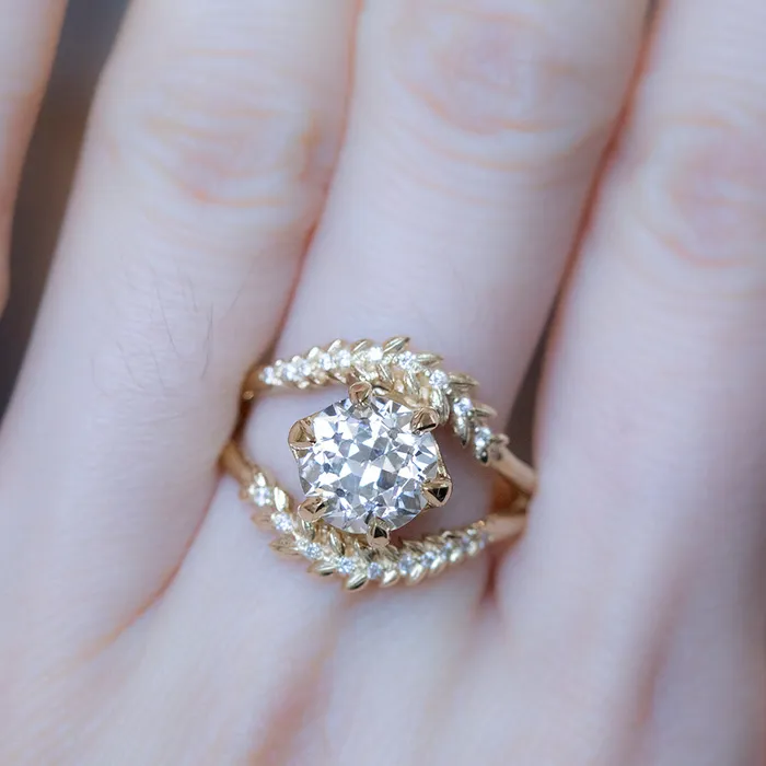 Anueva Jewelry Rings Misfit Diamonds Collaboration 218ct GIA Antique Old European Cut Diamond with Split Shank Diamond Vine Band in 18k Yellow Gold