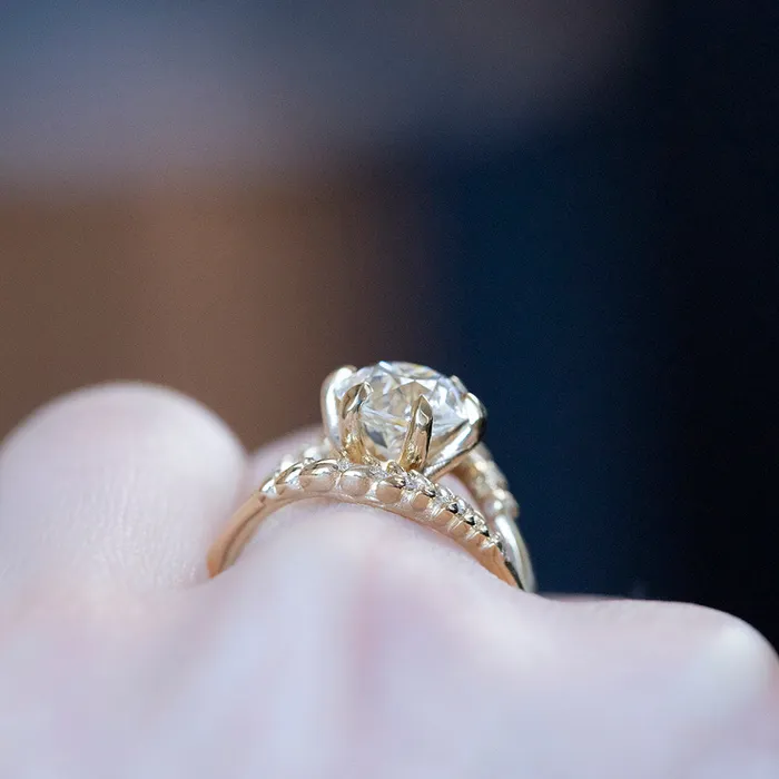 Anueva Jewelry Rings Misfit Diamonds Collaboration 218ct GIA Antique Old European Cut Diamond with Split Shank Diamond Vine Band in 18k Yellow Gold