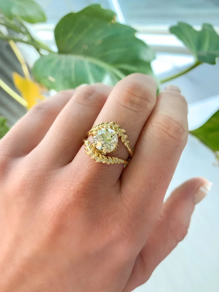 Anueva Jewelry Rings Misfit Diamonds Collaboration 218ct GIA Antique Old European Cut Diamond with Split Shank Diamond Vine Band in 18k Yellow Gold