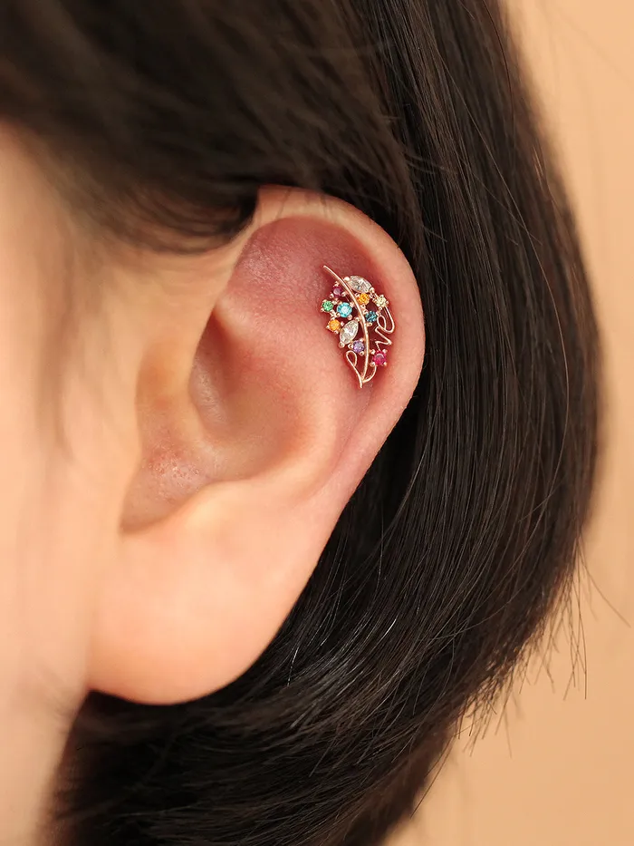 Earrings 14K Gold Colorful Cubic Leaf Cartilage Earring 18G16G MinimalBijoux