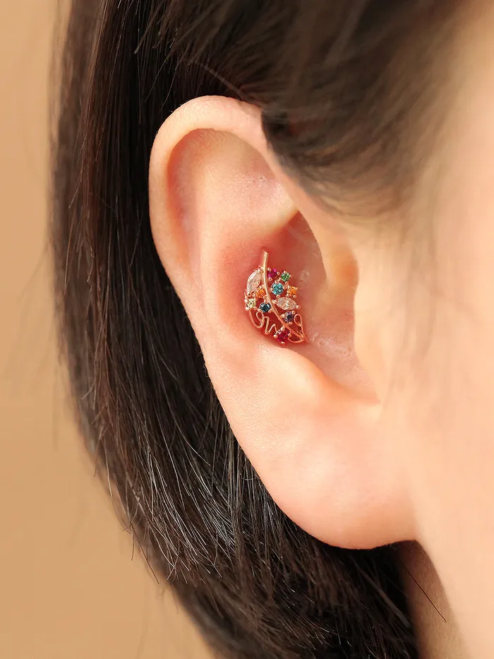 Earrings 14K Gold Colorful Cubic Leaf Cartilage Earring 18G16G MinimalBijoux