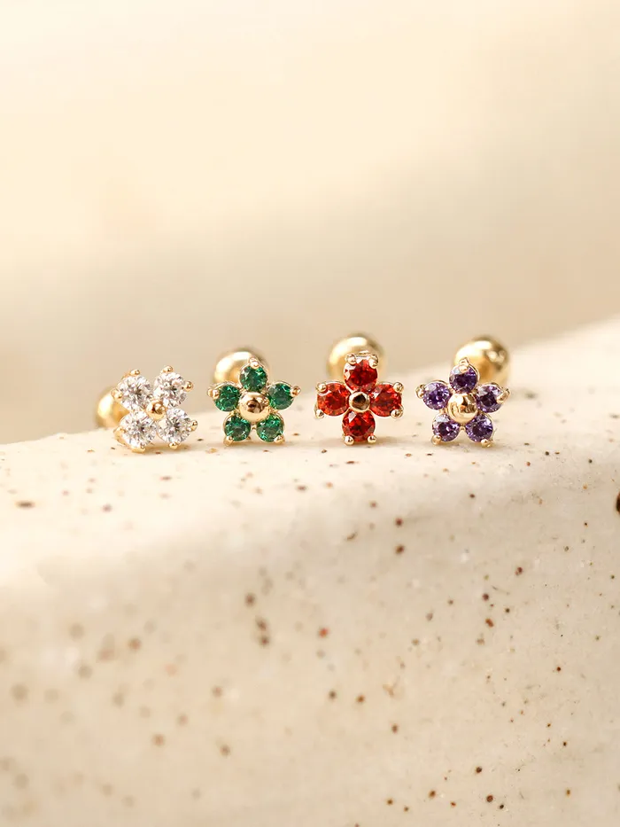 Earrings 14K Gold Minimi Point Cubic Flower Internally Threaded Labret Piercing 18G16G MinimalBijoux