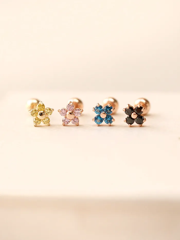 Earrings 14K Gold Minimi Point Cubic Flower Internally Threaded Labret Piercing 18G16G MinimalBijoux