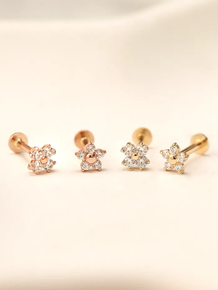 Earrings 14K Gold Minimi Point Cubic Flower Internally Threaded Labret Piercing 18G16G MinimalBijoux