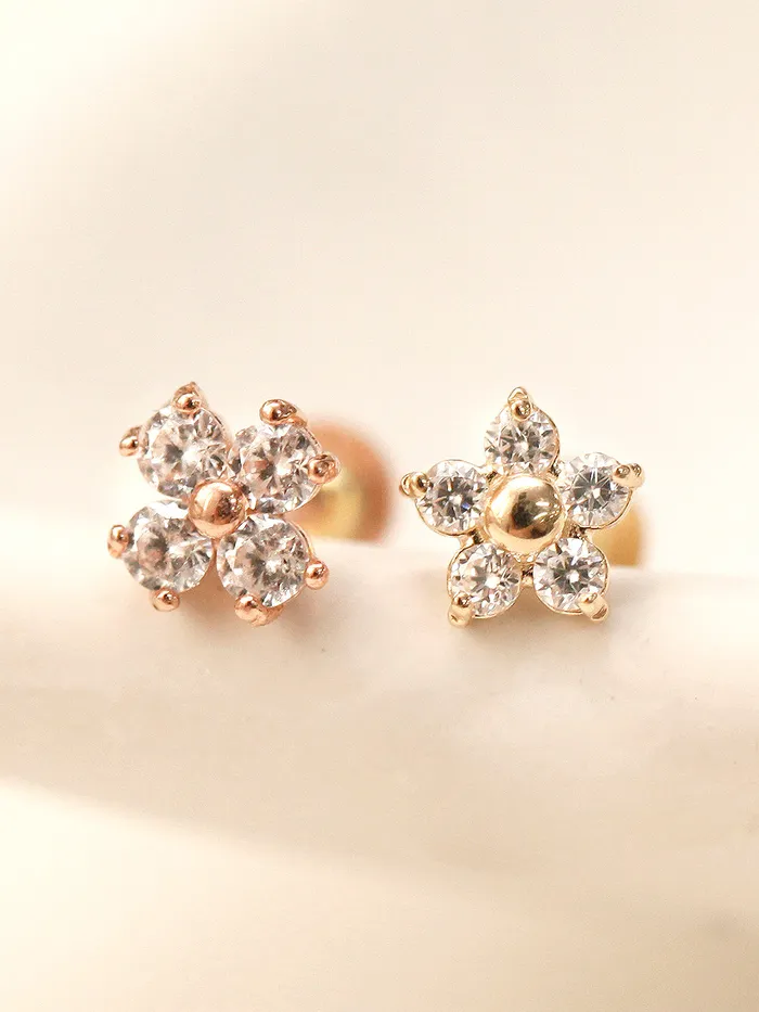 Earrings 14K Gold Minimi Point Cubic Flower Internally Threaded Labret Piercing 18G16G MinimalBijoux