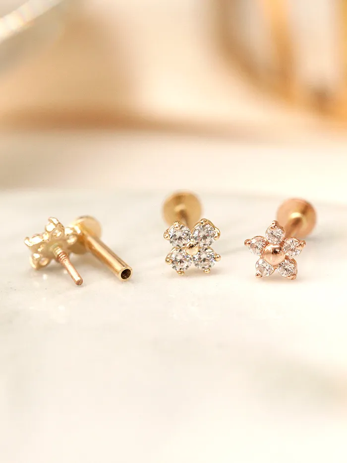 Earrings 14K Gold Minimi Point Cubic Flower Internally Threaded Labret Piercing 18G16G MinimalBijoux