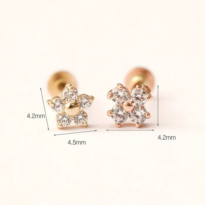 Earrings 14K Gold Minimi Point Cubic Flower Internally Threaded Labret Piercing 18G16G MinimalBijoux