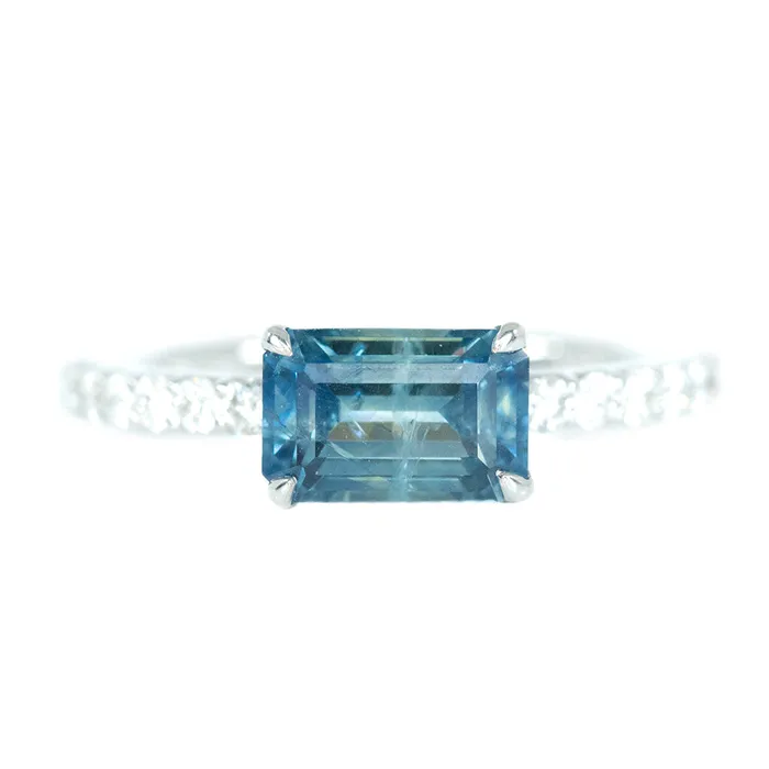 Earrings Anueva Jewelry 176ct Emerald Cut EastWest Montana Sapphire and diamonds in White Gold Low Profile Earrings Anueva Jewelry 176ct Emerald Cut EastWest Montana Sapphire and diamonds in White Gold Low Profile