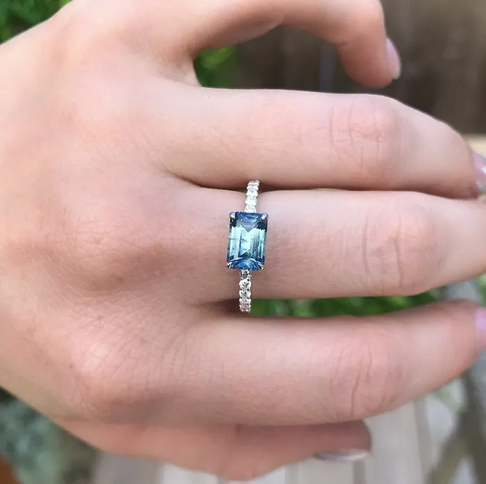 Earrings Anueva Jewelry 176ct Emerald Cut EastWest Montana Sapphire and diamonds in White Gold Low Profile