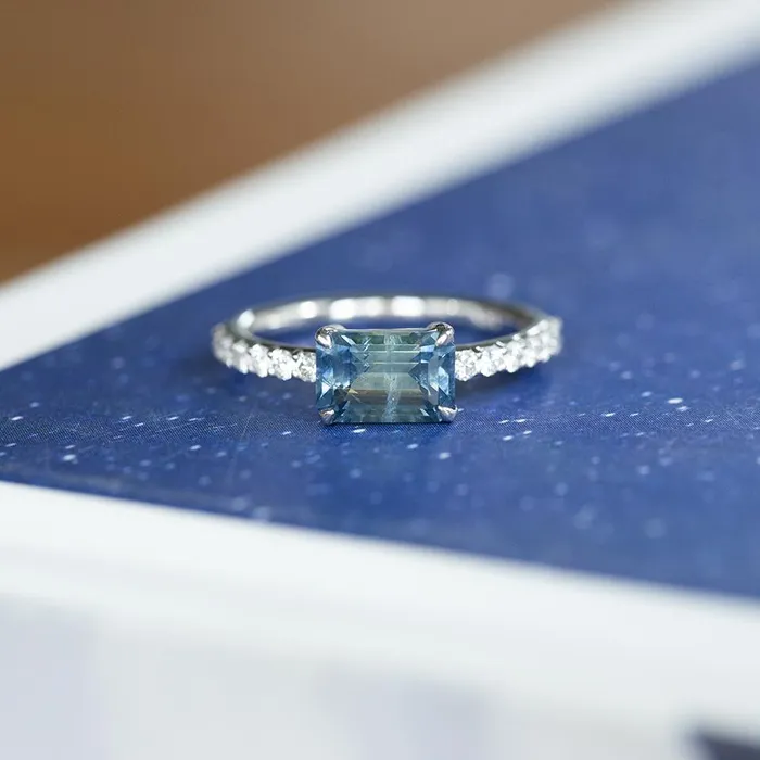 Earrings Anueva Jewelry 176ct Emerald Cut EastWest Montana Sapphire and diamonds in White Gold Low Profile