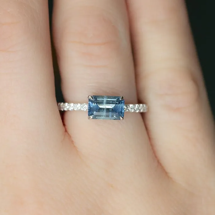 Earrings Anueva Jewelry 176ct Emerald Cut EastWest Montana Sapphire and diamonds in White Gold Low Profile