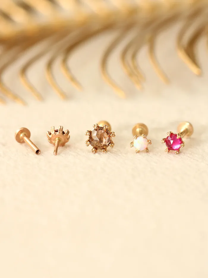 MinimalBijoux Earrings 14K Gold Triangle Ball prong Rosecut Internally Threaded Labret Piercing 18G16G