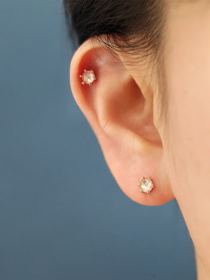 MinimalBijoux Earrings 14K Gold Triangle Ball prong Rosecut Internally Threaded Labret Piercing 18G16G