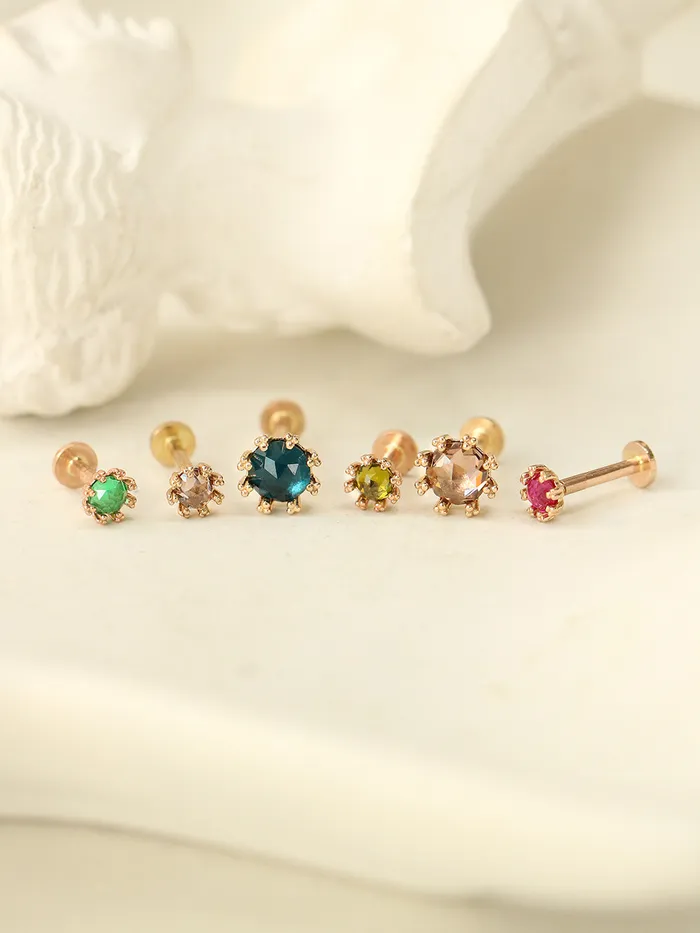 MinimalBijoux Earrings 14K Gold Triangle Ball prong Rosecut Internally Threaded Labret Piercing 18G16G