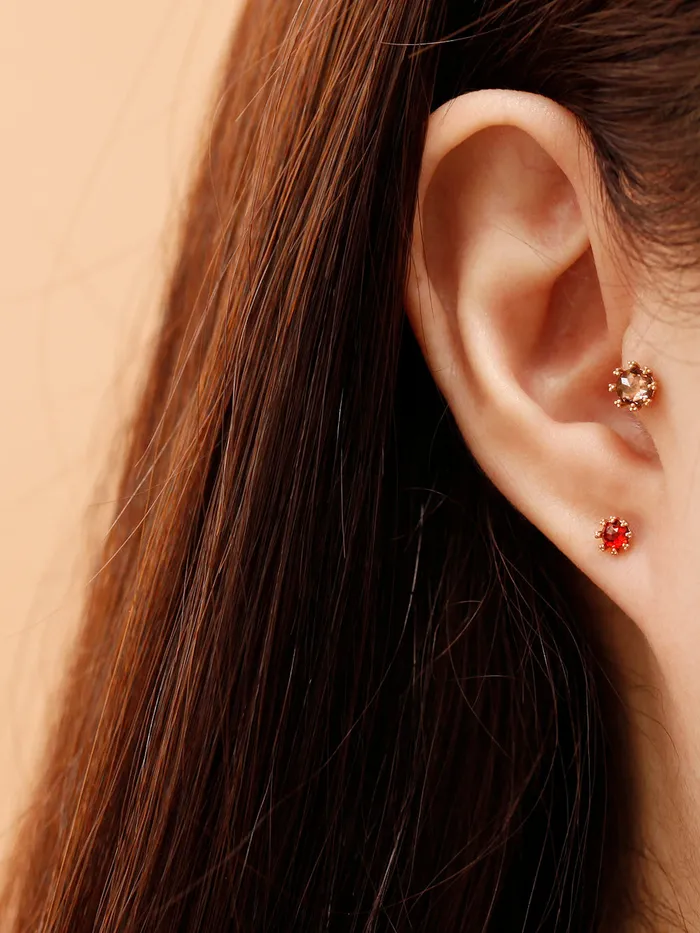 MinimalBijoux Earrings 14K Gold Triangle Ball prong Rosecut Internally Threaded Labret Piercing 18G16G