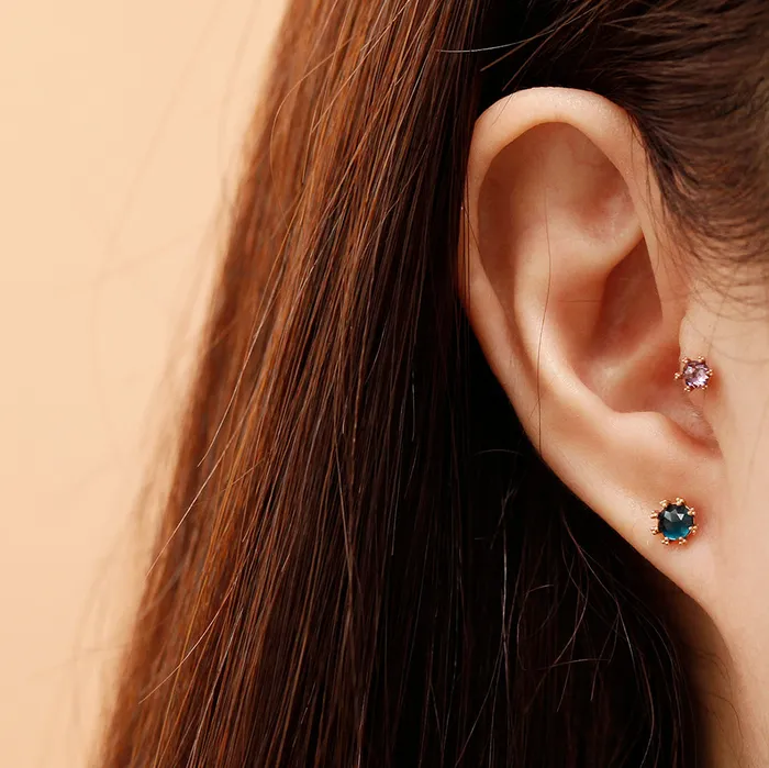 MinimalBijoux Earrings 14K Gold Triangle Ball prong Rosecut Internally Threaded Labret Piercing 18G16G
